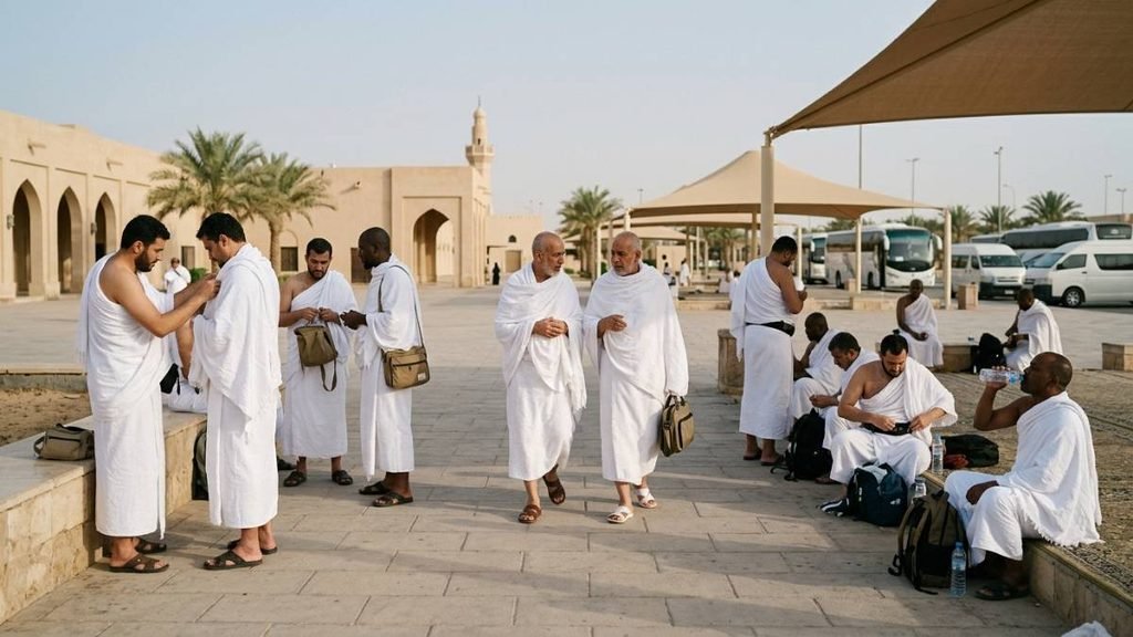 Muslim pilgrims wearing Ihram garments while preparing for Umrah