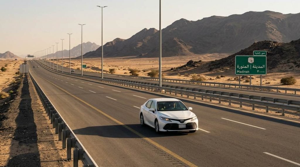 Private taxi traveling on a highway between Makkah and Madinah